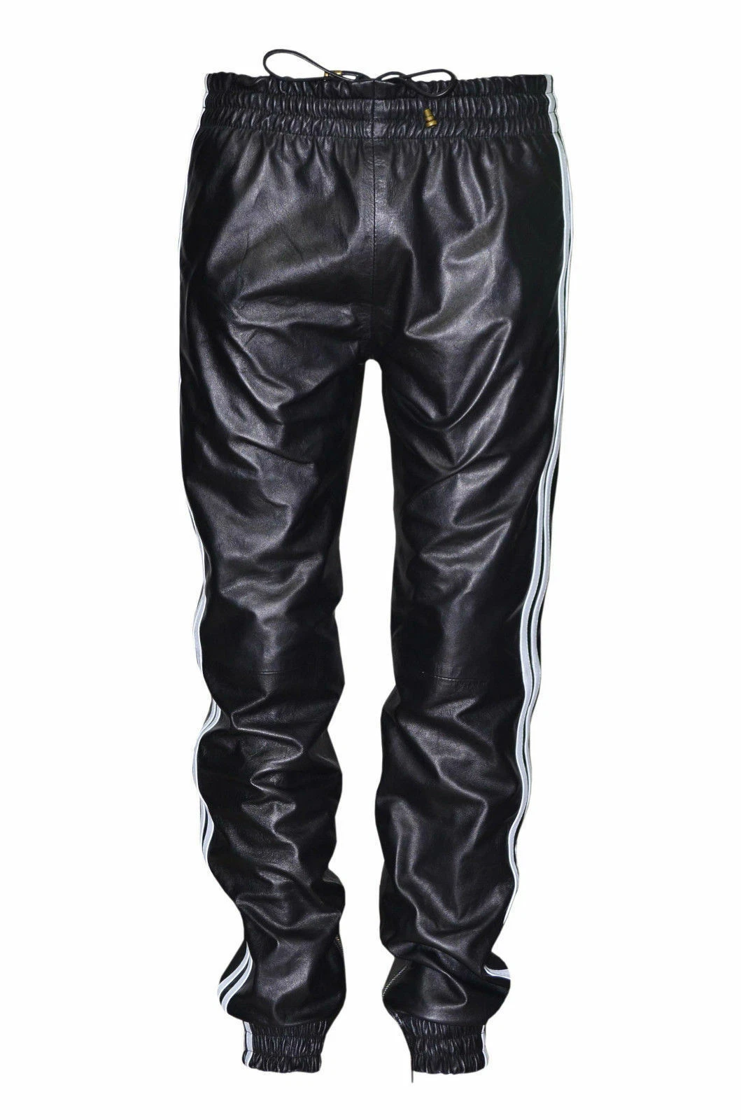 Men's Jogging Trousers Black White Stripes Leather Sweat Tracksuit Leather Pant