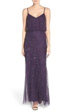 ADRIANNA PAPELL Purple Silver Metallic Beaded Embellished Blouson Maxi Gown 2 XS