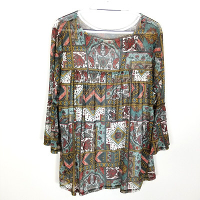 Bobbie Brooks Women Plus Fall Patchwork Print Boho Bell Sleeve Peasant Top Sz 2X