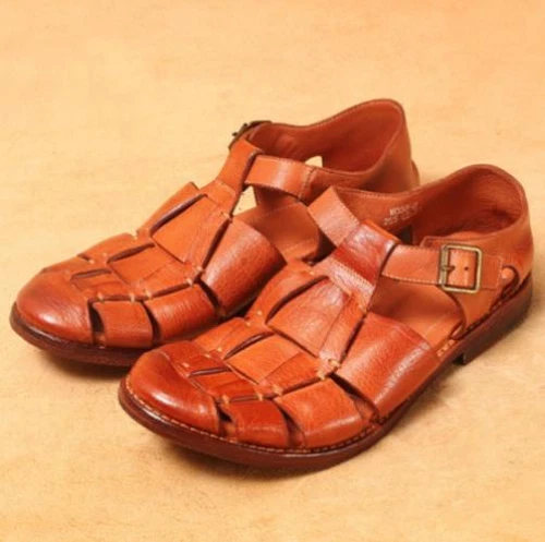 Men's Real Leather Casual Roma Sandals Buckle Sandals Vintage Hollow Out Weave- - Picture 4 of 8