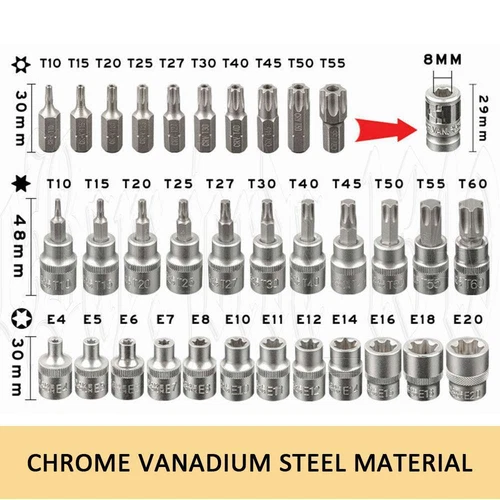 34pc 3/8" Drive Star & E Torx Bit Socket Set tool kit Torx Hex Bit Socket chrome - Picture 4 of 14