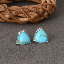 Genuine Kingman Turquoise Trillion Stud Earrings In Sterling Silver Gift For Her
