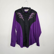 Vintage ELY Diamond Western Purple  Black Pearl Button Long Sleeve Shirt XL