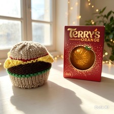 Hand Knitted Cheeseburger  Chocolate Orange Cover - Beautiful Birthday Gift 