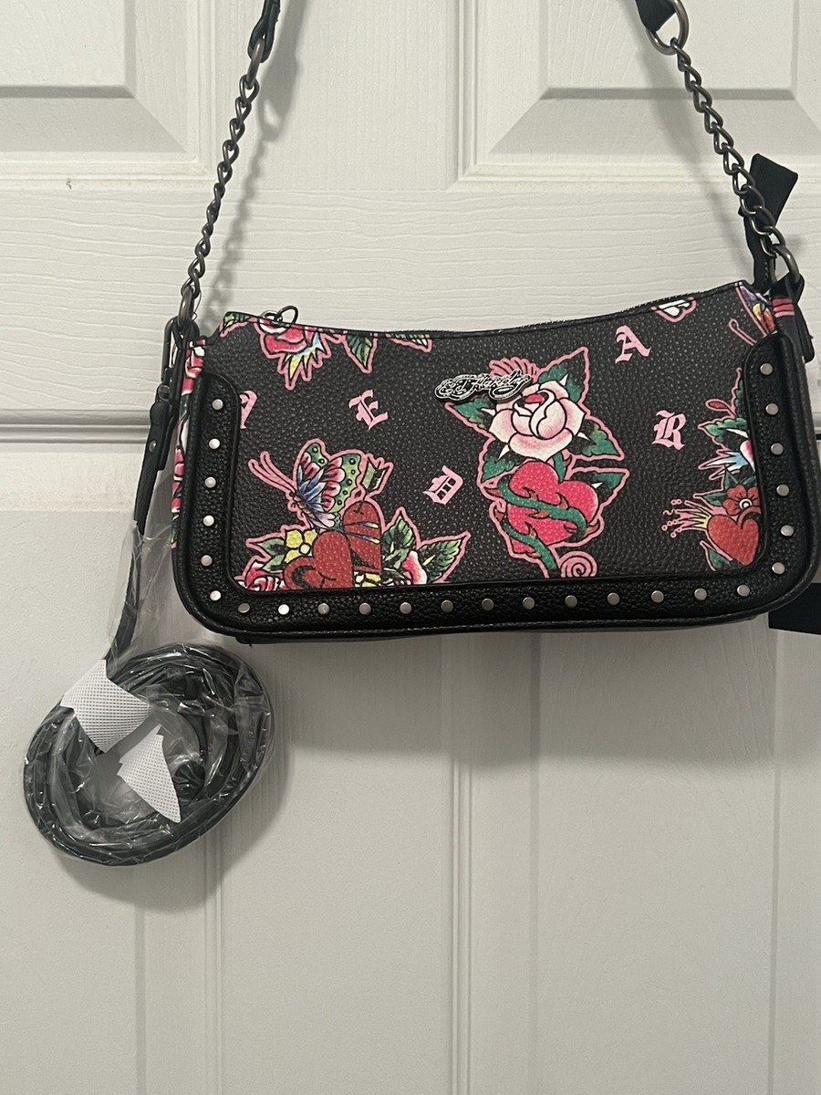Ed Hardy Black Pink Skull Rose Crossbody Purse Studs NWT | eBay