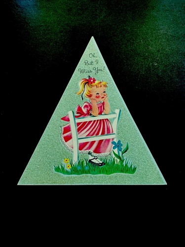1 VTG Unused Norcross Glittered Miss You Greeting Card Adorable Girl Sighing - 第 1/4 張圖片