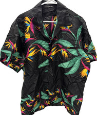 Unbranded Hawaiian Shirt, S/S, XL, Black w/Colorful Fronds  Flowers