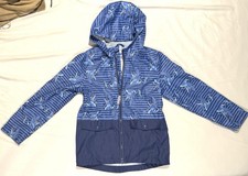 Cat  Jack Boys Sz M 8 Hooded Rain Coat Jacket Blue Dinosaurs T-Rex Stripes Dino