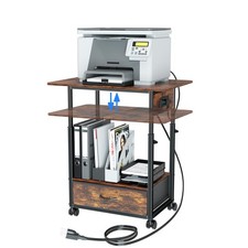 Printer Stand with Charging Station, 2-Tier Height Adjustable Printer Table w...