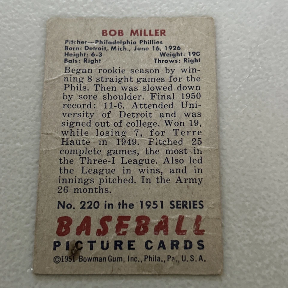 1951 Bowman, Bob Miller, Philadelphia Phillies, Baseball Card #220 - Image 3 of 4