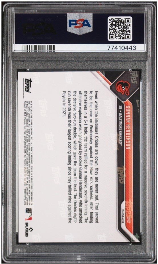 Gunnar Henderson 2023 Topps Now #342 Purple /25 PSA 10 RC view 2