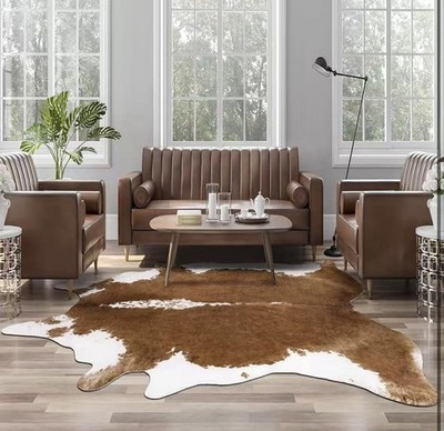 Cow Print Faux Fur Area Rug, Brown & White Animal Skin Shape for Bedroom