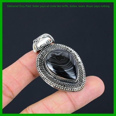 925 Silver Pear Natural Psilomelane Elegant Vintage Bezel Unique Pendant Jewelry