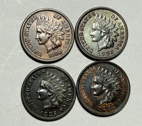 1880 XF, 1883 AU, 1885 XF AND 1892 AU INDIAN CENT