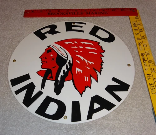 VINTAGE RED INDIAN MCCOLL FRONTENAC 11 3/4" PORCELAIN METAL CANADA, GAS OIL SIGN