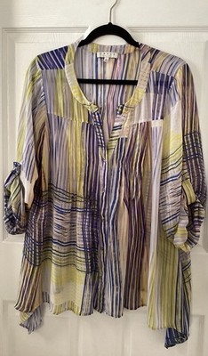 Chaus Womens Blue Yellow Button Down Blouse Roll Tab Sleeve Pleated Sheer Size L