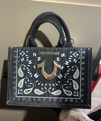 True Religion Damen Tragetasche Denim blau Paisley Stickerei Logo abnehmbar
