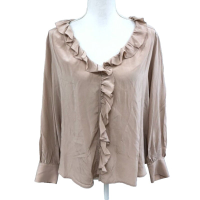 SEA Silk Blouse Top Womens 4 Blush Pink Button Up Ruffle Long Sleeve Peasant