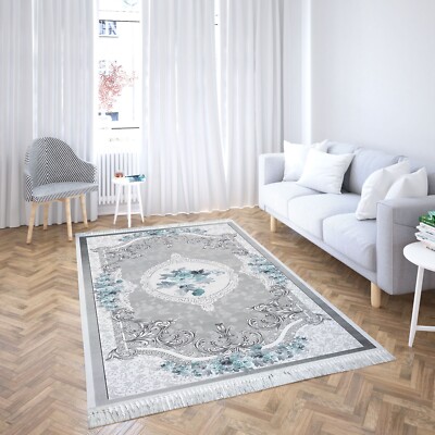 Premium Waschbarer Teppich Empire Design Läufer Teppichläufer Rosen Grau / Blau