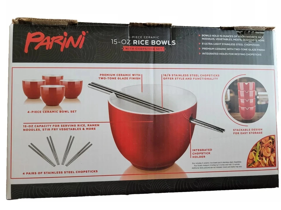 Tazones de arroz y palillos de acero inoxidable esmaltados de cerámica Parini de 15 oz cantidad 4 Foto 2 de 4