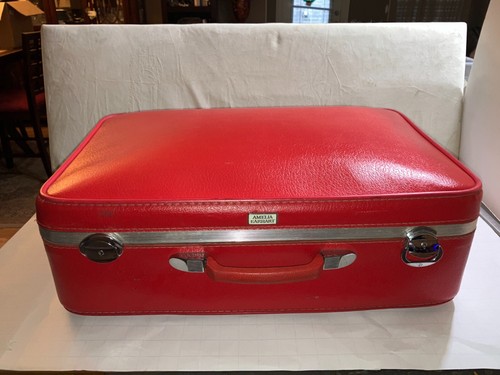 VTG Mid Century Amelia Earhart Large RED Luggage Suitcase silver interior, PROP
