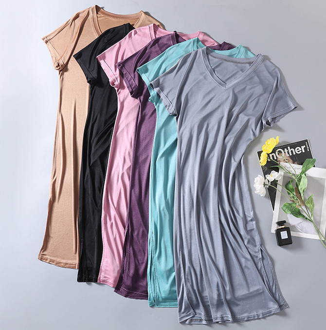 Vestido de seda de punto para mujer cuello en V ropa de dormir sexy morera seda vestido largo nuevo