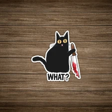 Funny Black Cat Sticker - Curious Kitty with Bloody Knife Drawing #131