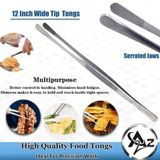 BBQ Kitchen Cooking Tweezers Tongs 12" Extra-Long with Wide Round Serrated Tips