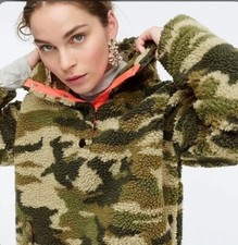 J. Crew Sherpa Fleece Snap Collar Sweatshirt Olive Green Camo AE962 New XXS