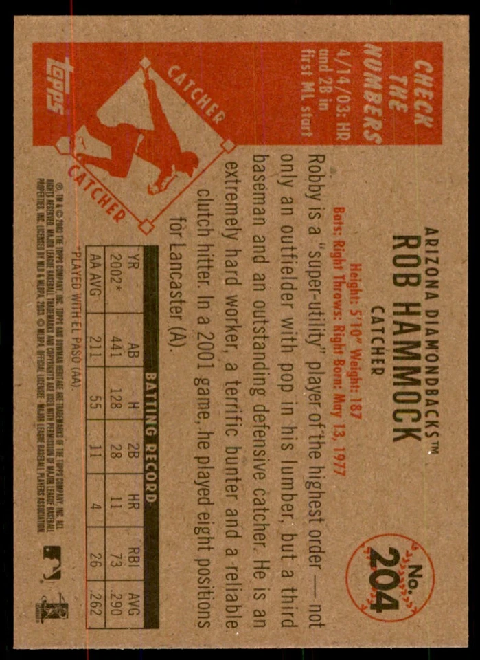 2003 BOWMAN HERITAGE* ROBBY HAMMOCK. ARIZONA DIAMONDBACKS #204 - Image 2 of 2