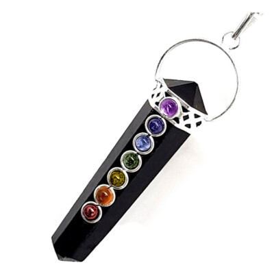 Double Terminated Black Tourmaline Crystal 7 Chakra Silver Pendant Stone Necklac