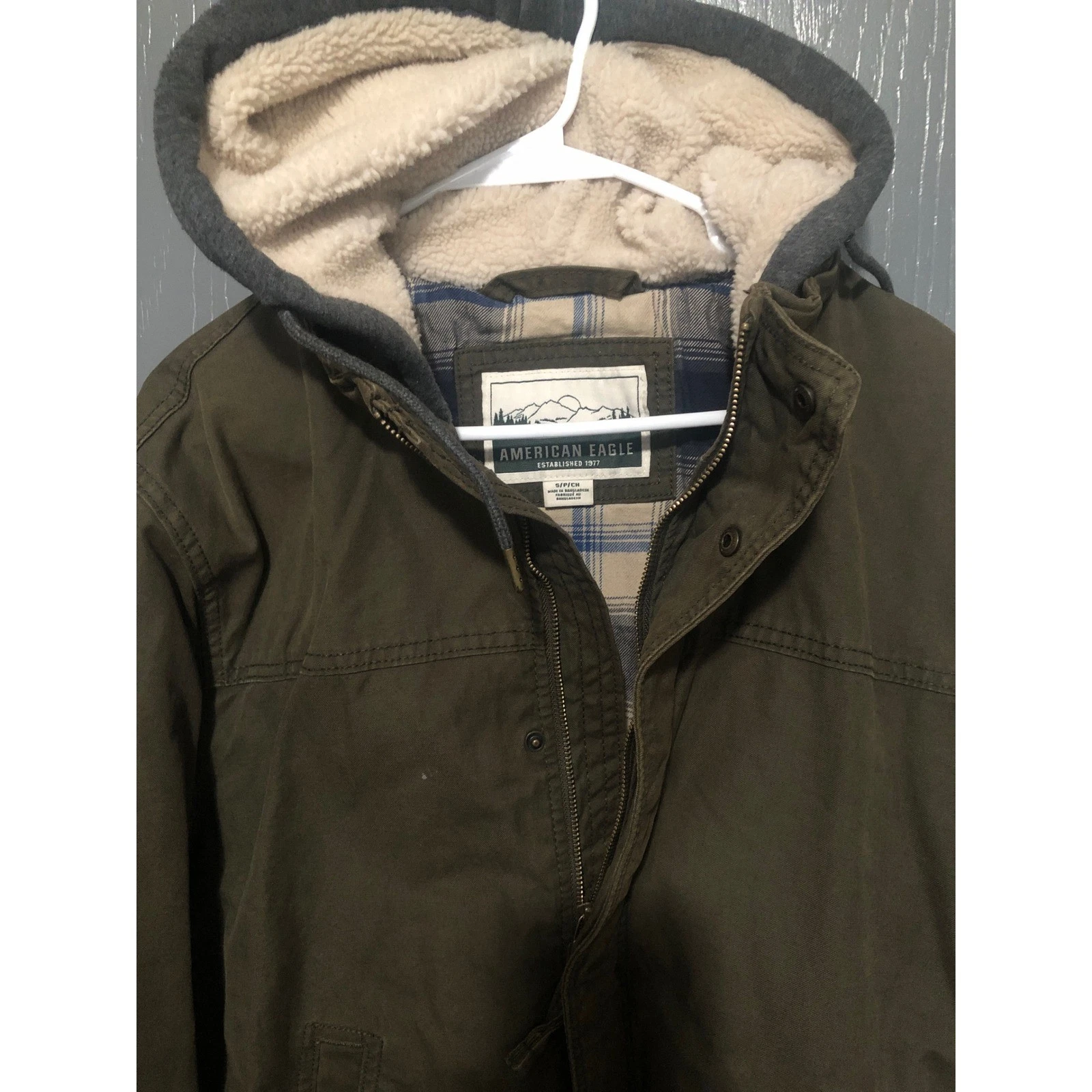 American Eagle Mens Sherpa Lined Hooded Coat Olive Green barn work Size S EUC
