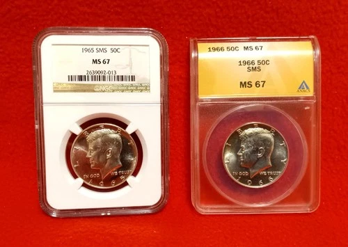 1965 + 1966 SMS 50c Kennedy Half Dollar NGC & ANACS Graded MS 67 Two Coin Lot