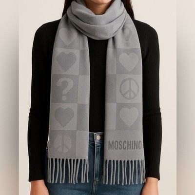 Moschino Peace Love Wool Scarf Light Gray NWT