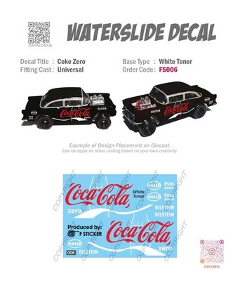 FS006 White Toner Universal Waterslide 1/64 Decal # COKE RED Custom Hotwheels