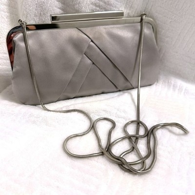 Vintage Glint Gray Satin Evening Clutch Silver Strap Formal Bag Pre-Loved