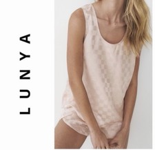 Lunya Washable 100 Silk Shorts Tank PJ Set Otium Tan Pink Checkered Jacquard S