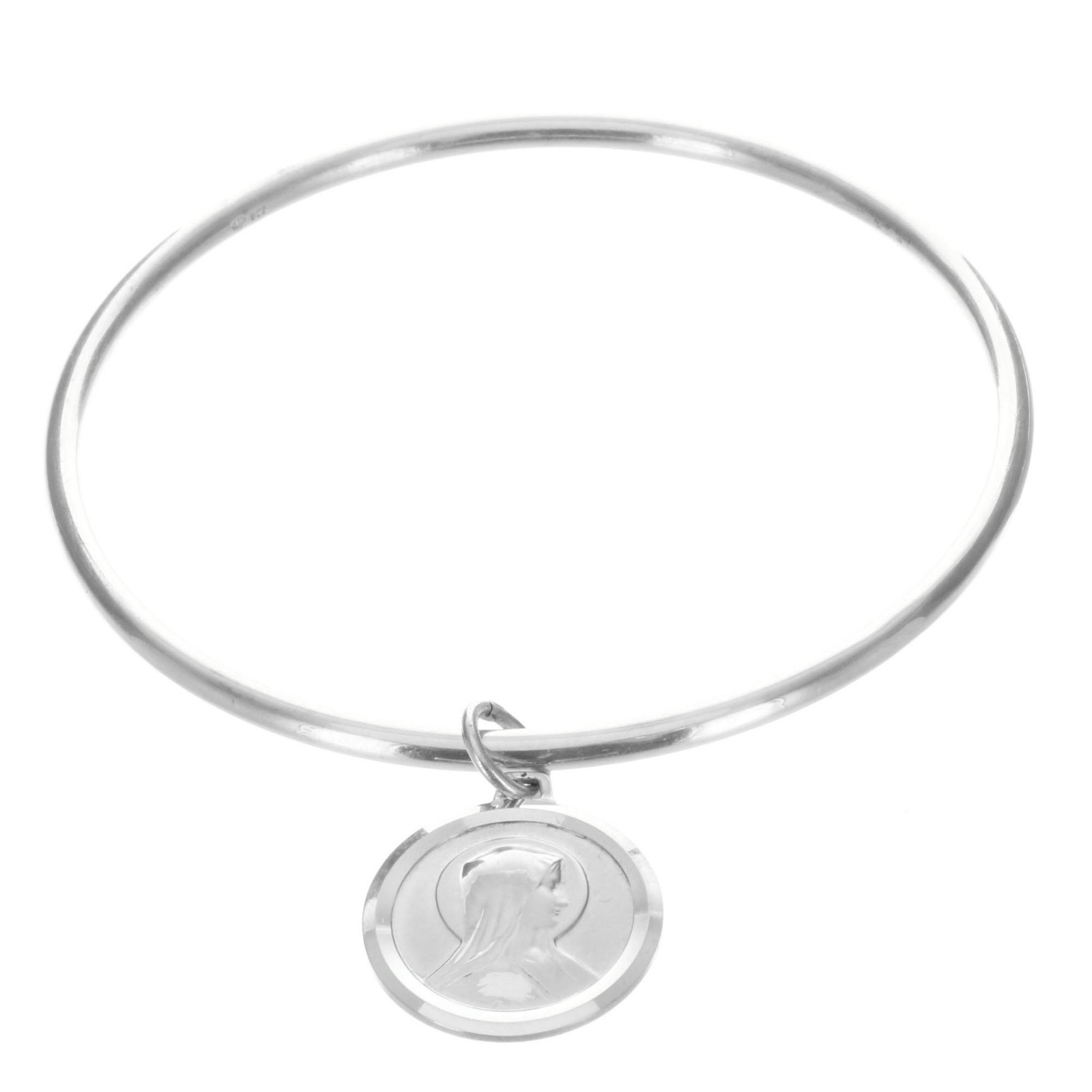 Bracelet jonc rigide en argent véritable 925 et sa médaille de Lourdes gravée