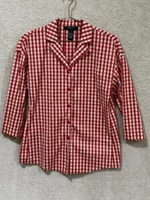 Lafayette 148 Gingham Plaid Button Up Shirt Size P (0-2) Red White 3/4 Sleeve