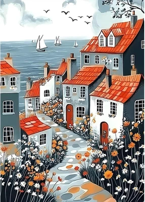 MXJSUA Harbor Seascapes 5D Diamond Painting Kits for Adults, Red Roofs Houses Di