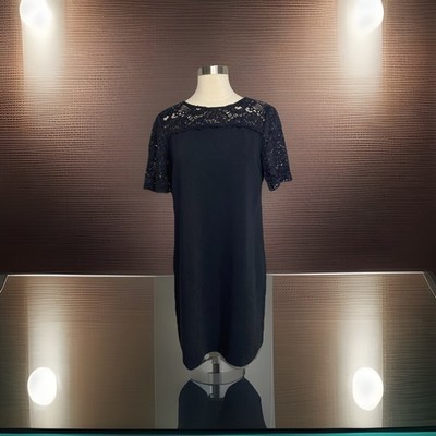 Zara Basic Black Solid/ Lace Short Sleeve Dress Medium Career Funeral Wedding