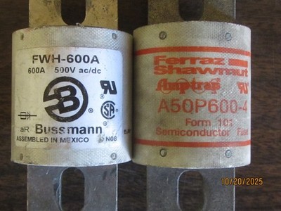 600 amp 500V Form 101 fuses. Lot of 2. Used. Ferraz Shawmut and Bussman.