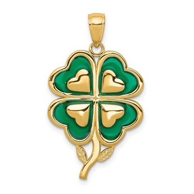 14k Yellow Gold 4-Leaf Clover Pendant with Green Enameled Tips Pendant