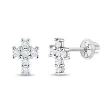 14k White Gold Tiny Clear Cubic Zirconia Religious Cross Screw Back Earrings ...