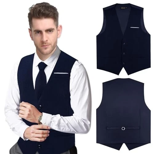  Mens Linen Suit Vest Casual Waistcoat and Necktie & Pre 3X-Large Navy Blue - Image 4 of 4