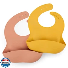 Silicone Bib 2 Pack: Non-Toxic,Food-Grade, Waterproof, Adjustable Neck Band a