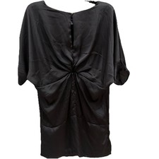 VTG PEAK 90s Y2K Satin Twist-Front Gunmetal Kimono/Dolman Sleeve Dress + Keyhole
