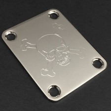GUITAR NECK PLATE - Engraved Etched - SKULL  BONES - Fits Fender - CHROME