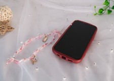 Elegant Pink Beaded Phone Strap with pink Charm Stylish Functional Accessory