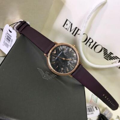 Emporio Armani AR11172 Burgundy Leather Gray Marble Dial Analog Ladies  Watch